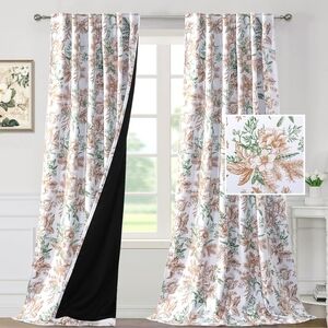52x108 Blackout Curtain Panel Set Floral Brown Green 100% Light Blocking